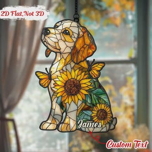 Sunflower Puppy ACRYLIC Faux Stained Glass Suncatcher Window Hanging, Cute Dog with Sunflower Home Decor Gift For Dog Lovers