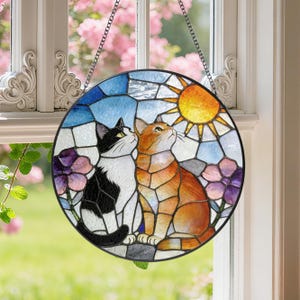Cat Couple Stained Glass Suncatcher, Tuxedo Orange Cat Glass Window Hanging Art, Pet Keepsake Glass Sun Catcher,Memorial Gifts for Cat Lover