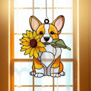 Corgi With Sunflower Acrylic Suncatcher Window Hanging, Cute Dog Lover Floral Window Charm, Unique Home House Decor Custom Gift