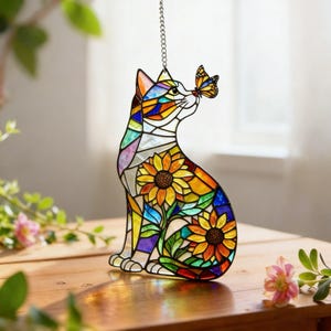 Stained Glass Kitty Ornament, Floral Cat Window Hanging, Butterfly Sun Catcher Decor, Gift for Animal Lovers