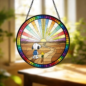 Snoopy and Woodstock Stained Glass Suncatcher, Rainbow Sunset, Friendship Gift