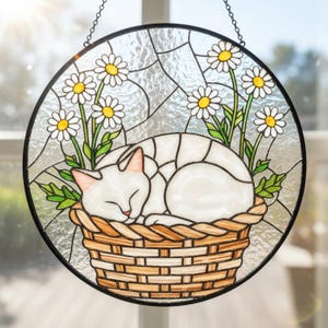 Sleeping White Cat in Daisy Basket Stained Glass Suncatcher, Floral Garden Window Hanging, Cat Lover Gift, Pet Memorial Decor, Gift for Mom