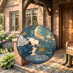 Snoopy Woodstock Stained Glass Suncatcher, Night Sky Friendship Art, Window Hanging Decoration