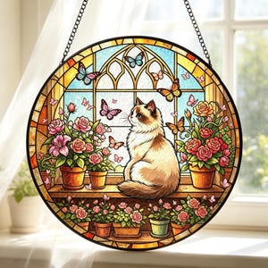 Charming Cat Garden Suncatcher – Stained Glass Window Art – Handmade Nature Sun Catcher– Tropical Garden Decor