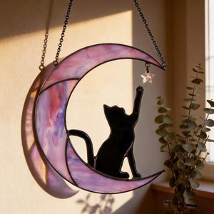 Moon Cat Stained Glass Suncatcher, Black Cat Window Hanging Decor, Cat Lover Gift, Celestial Moon Decor, Pet Memorial Gift