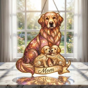 Personalized Golden Retriever Family Suncatcher, Custom Faux Stained Glass Acrylic Window Art, Dog Mom Gift, Galaxy Pet Decor