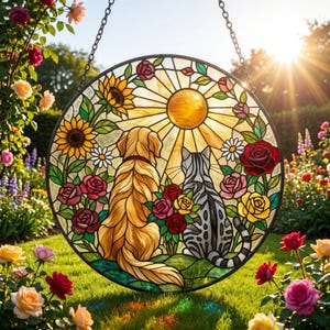 Charming  Cat Couple Garden Suncatcher Stained Glass Dog Pet Window Hanging Glass Ornament Mom Gift