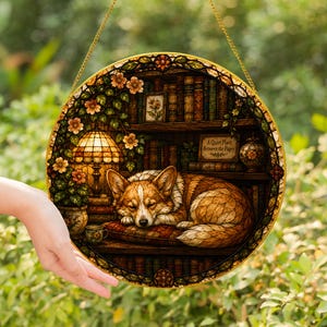 Corgi Sleeping Bookshelf Stained Glass Window Suncatcher, Cute Dog Literary Hanging Decor, Pet Lover Home Art Piece - Golden Frame