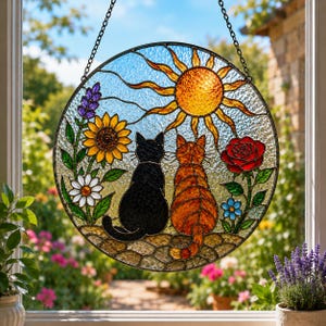 3D Charming Black Orange Cat Couple Garden Suncatcher, Stained Glass Window Hanging Gift